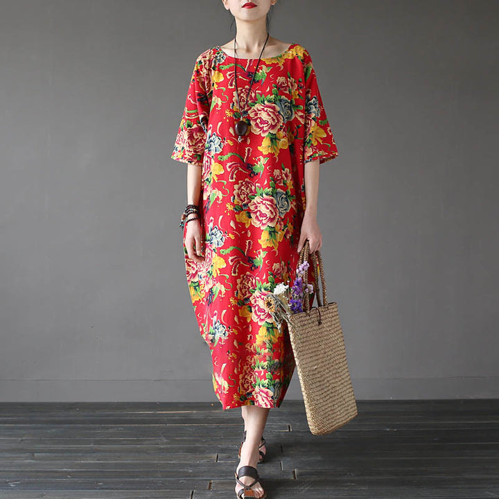 Robe mi-longue à imprimé fleurs de pivoine rouge Buddha Stones Robe en coton et lin à manches mi-longues