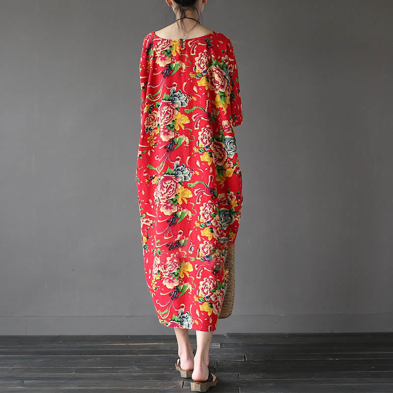 Robe mi-longue à imprimé fleurs de pivoine rouge Buddha Stones Robe en coton et lin à manches mi-longues