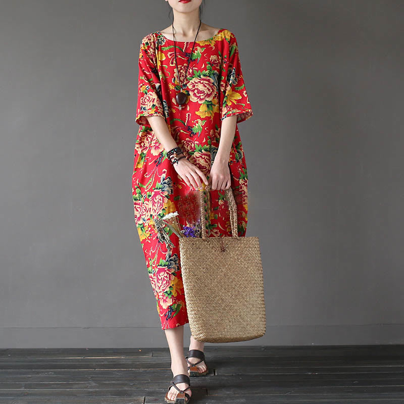 Robe mi-longue à imprimé fleurs de pivoine rouge Buddha Stones Robe en coton et lin à manches mi-longues