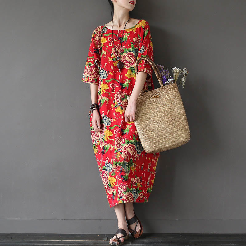 Robe mi-longue à imprimé fleurs de pivoine rouge Buddha Stones Robe en coton et lin à manches mi-longues