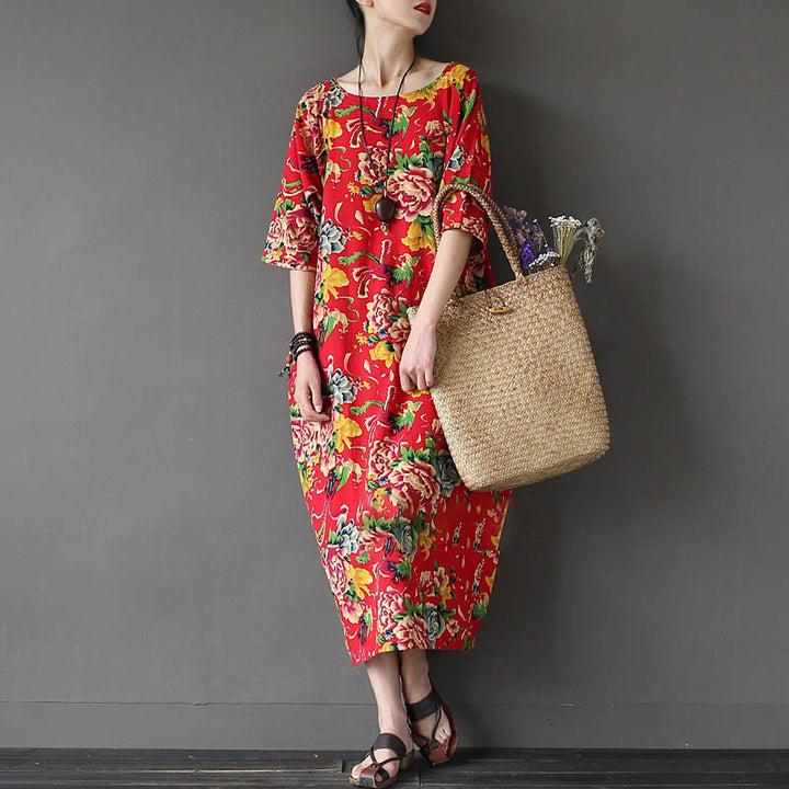 Robe mi-longue à imprimé fleurs de pivoine rouge Buddha Stones Robe en coton et lin à manches mi-longues