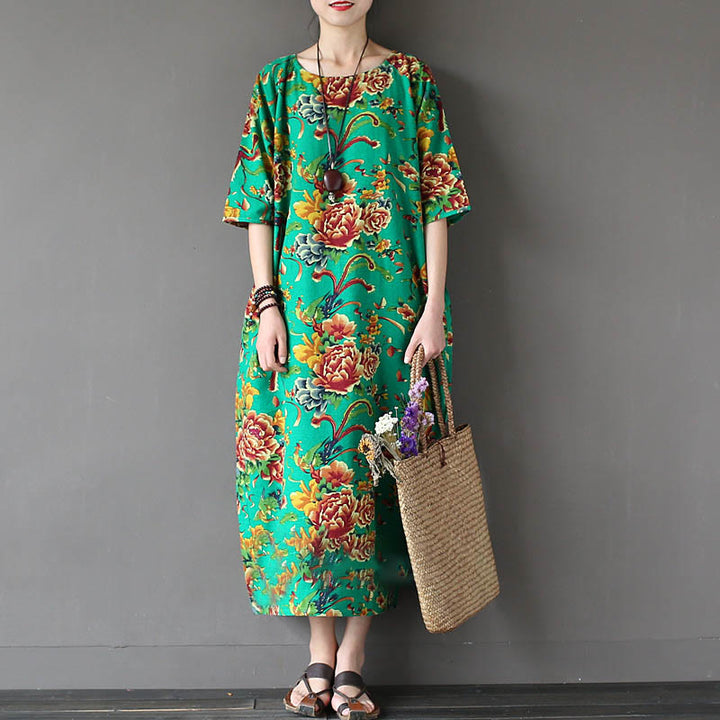Robe mi-longue à imprimé fleurs de pivoine rouge Buddha Stones Robe en coton et lin à manches mi-longues