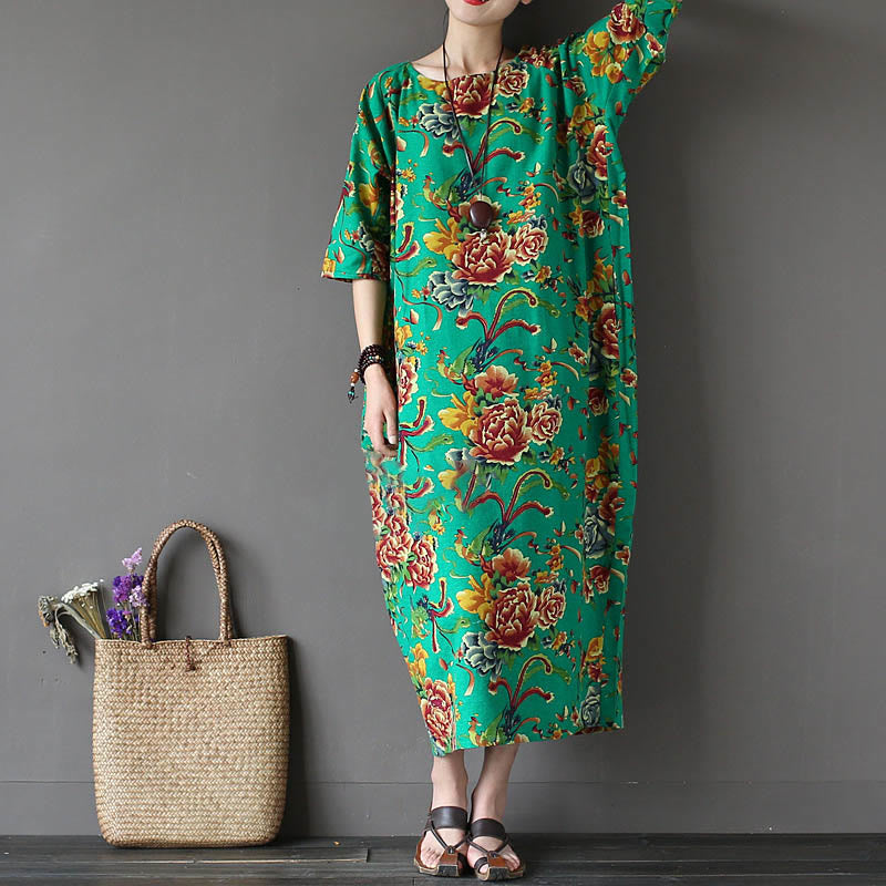 Robe mi-longue à imprimé fleurs de pivoine rouge Buddha Stones Robe en coton et lin à manches mi-longues