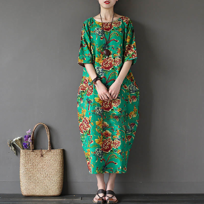 Robe mi-longue à imprimé fleurs de pivoine rouge Buddha Stones Robe en coton et lin à manches mi-longues