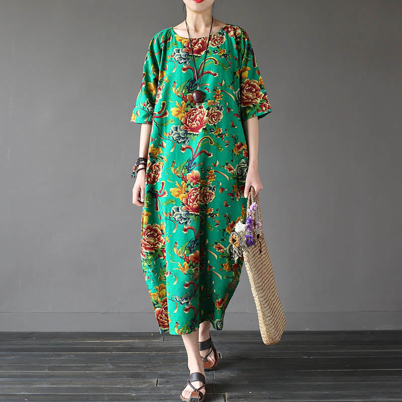 Robe mi-longue à imprimé fleurs de pivoine rouge Buddha Stones Robe en coton et lin à manches mi-longues