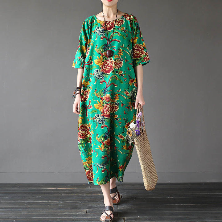 Robe mi-longue à imprimé fleurs de pivoine rouge Buddha Stones Robe en coton et lin à manches mi-longues