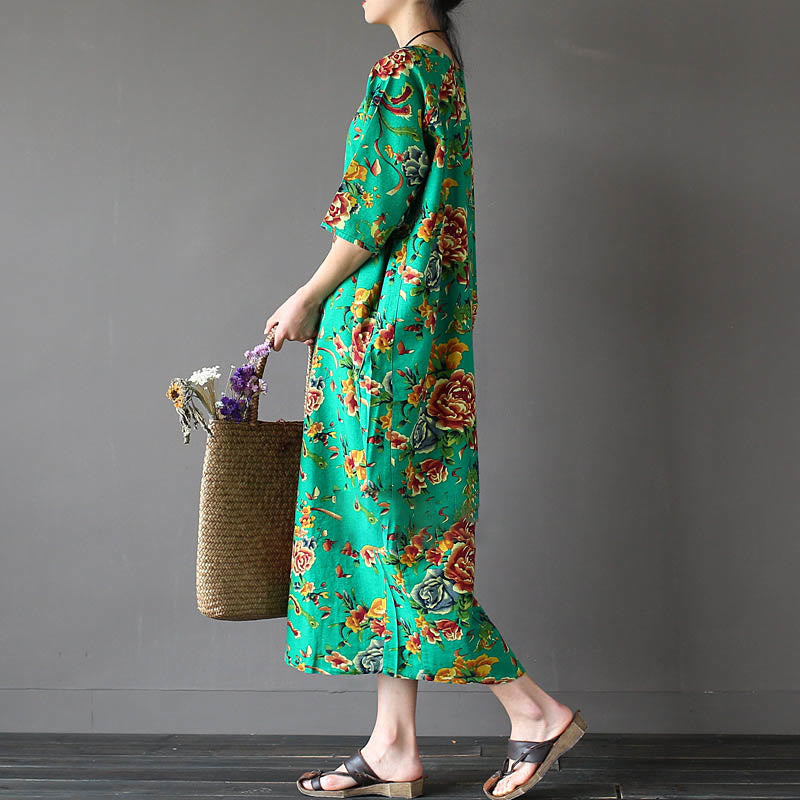 Robe mi-longue à imprimé fleurs de pivoine rouge Buddha Stones Robe en coton et lin à manches mi-longues