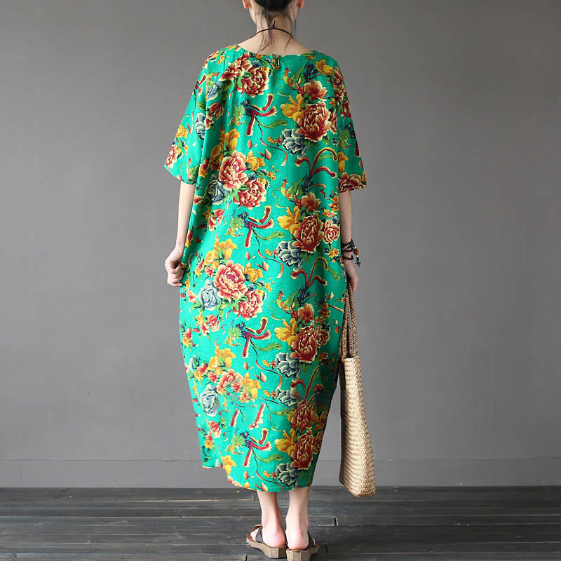 Robe mi-longue à imprimé fleurs de pivoine rouge Buddha Stones Robe en coton et lin à manches mi-longues