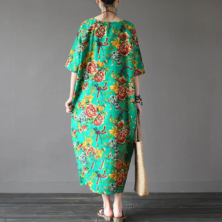 Robe mi-longue à imprimé fleurs de pivoine rouge Buddha Stones Robe en coton et lin à manches mi-longues