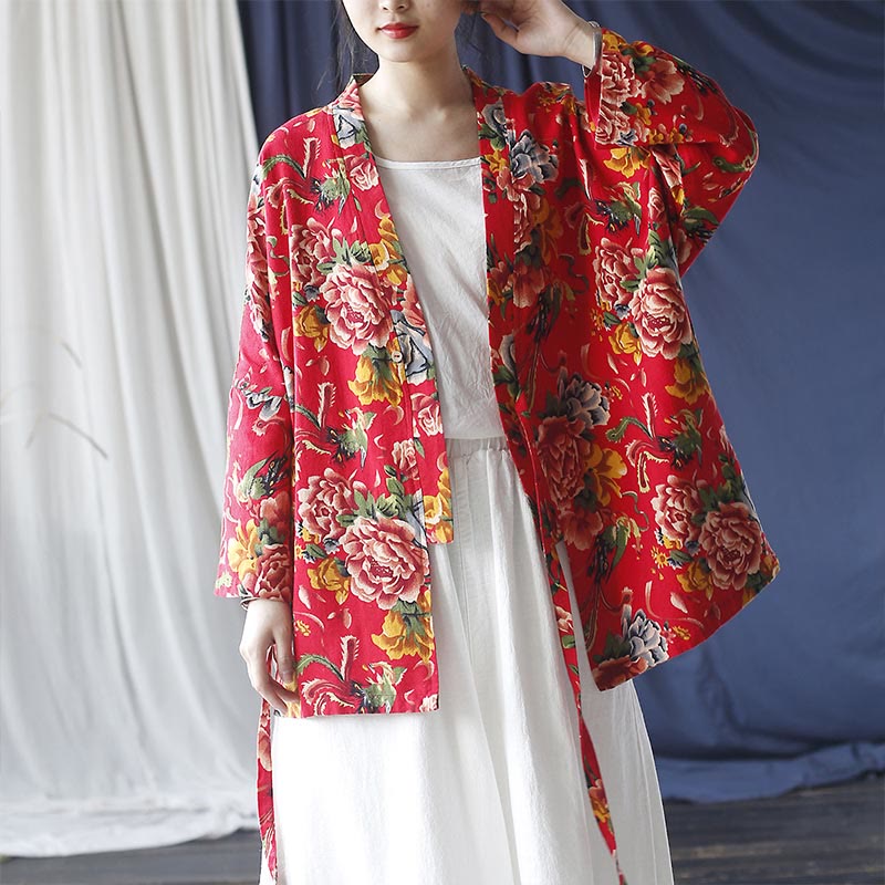 Veste à lacets en coton et lin à imprimé pivoine et fleurs rouges du nord-est de style ethnique Buddha Stones
