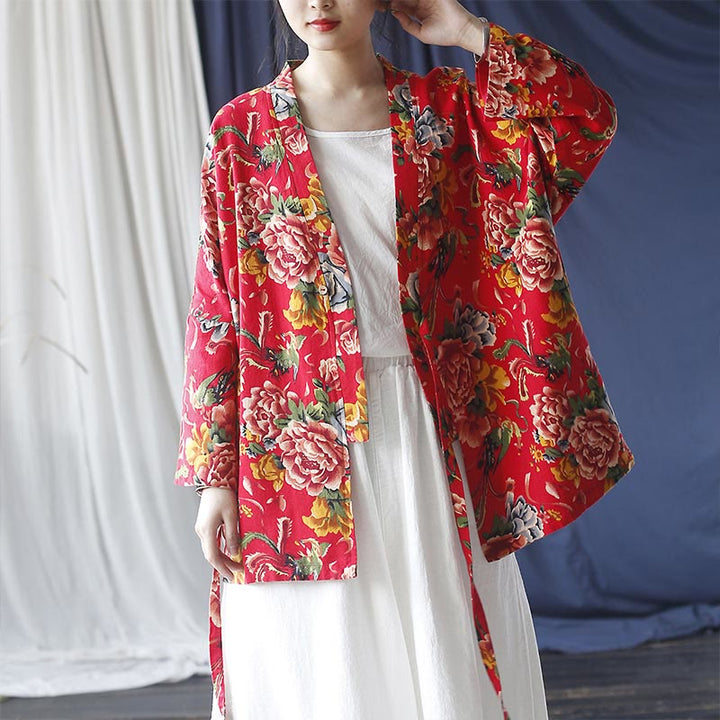 Veste à lacets en coton et lin à imprimé pivoine et fleurs rouges du nord-est de style ethnique Buddha Stones