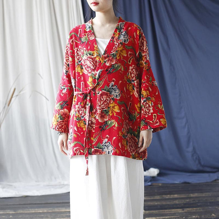 Veste à lacets en coton et lin à imprimé pivoine et fleurs rouges du nord-est de style ethnique Buddha Stones