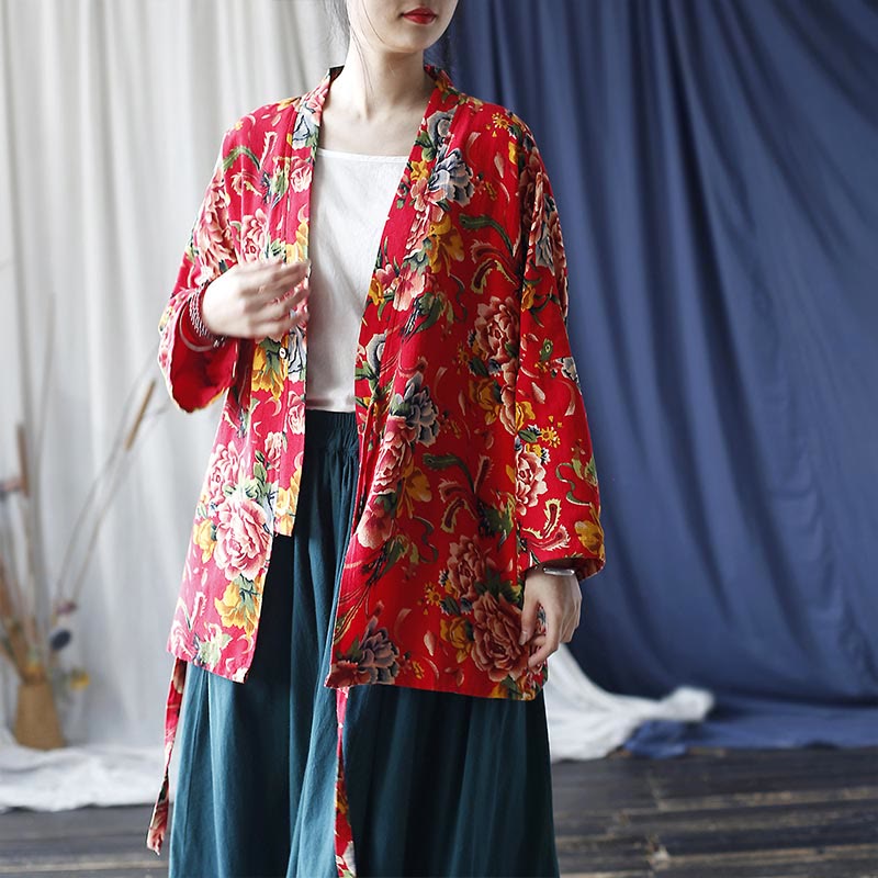 Veste à lacets en coton et lin à imprimé pivoine et fleurs rouges du nord-est de style ethnique Buddha Stones
