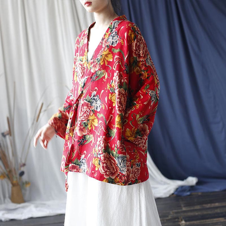 Veste à lacets en coton et lin à imprimé pivoine et fleurs rouges du nord-est de style ethnique Buddha Stones