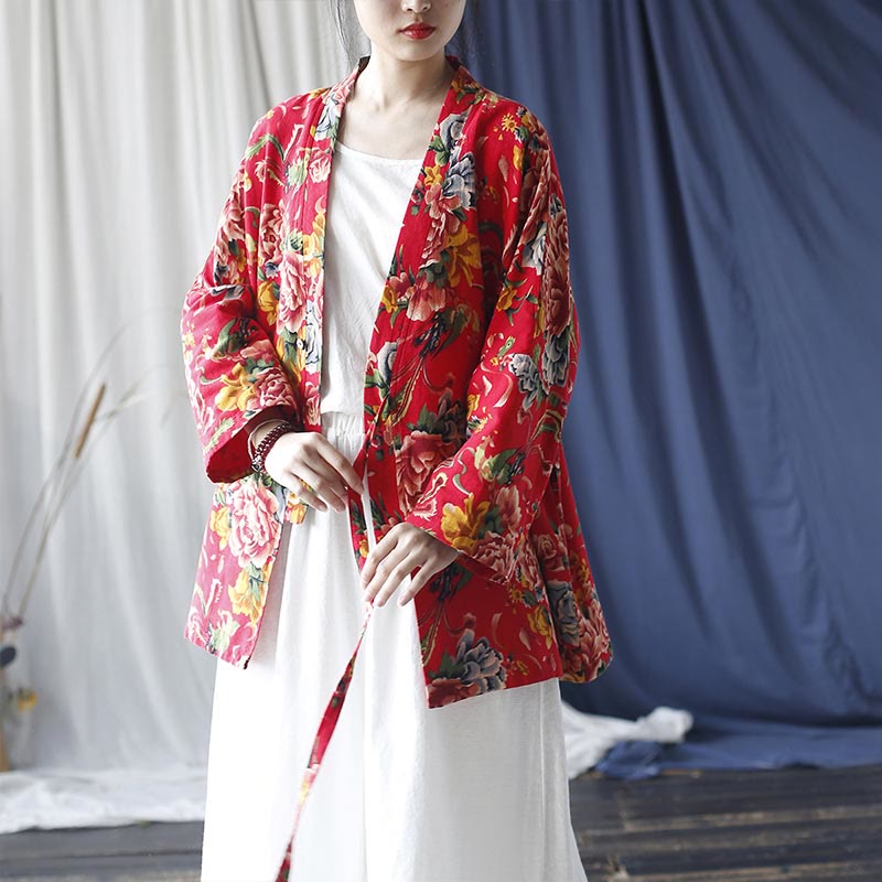 Veste à lacets en coton et lin à imprimé pivoine et fleurs rouges du nord-est de style ethnique Buddha Stones