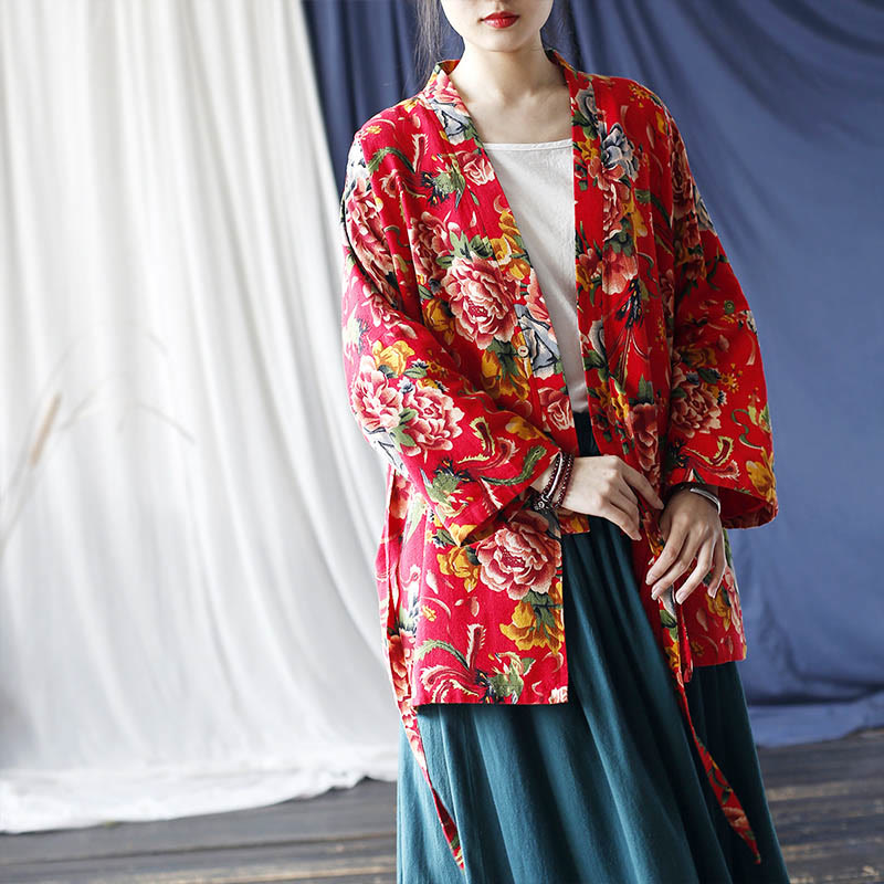 Veste à lacets en coton et lin à imprimé pivoine et fleurs rouges du nord-est de style ethnique Buddha Stones