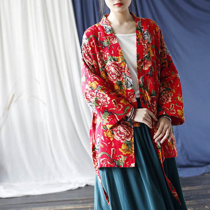 Veste à lacets en coton et lin à imprimé pivoine et fleurs rouges du nord-est de style ethnique Buddha Stones
