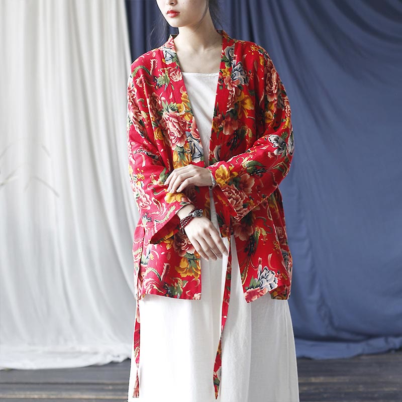 Veste à lacets en coton et lin à imprimé pivoine et fleurs rouges du nord-est de style ethnique Buddha Stones