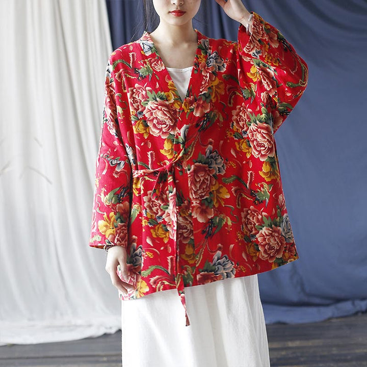 Veste à lacets en coton et lin à imprimé pivoine et fleurs rouges du nord-est de style ethnique Buddha Stones