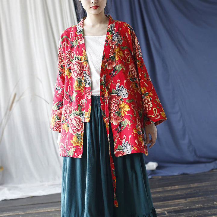 Veste à lacets en coton et lin à imprimé pivoine et fleurs rouges du nord-est de style ethnique Buddha Stones