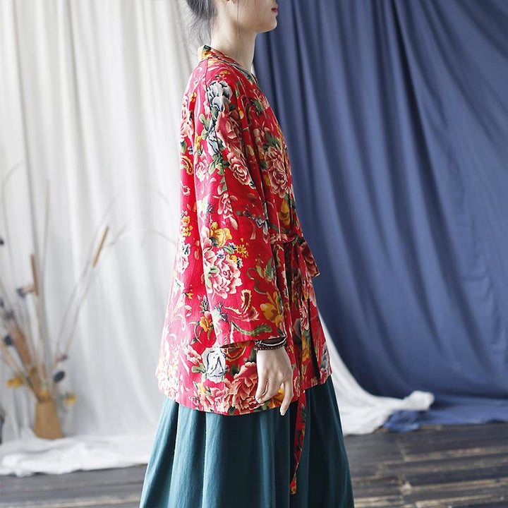 Veste à lacets en coton et lin à imprimé pivoine et fleurs rouges du nord-est de style ethnique Buddha Stones