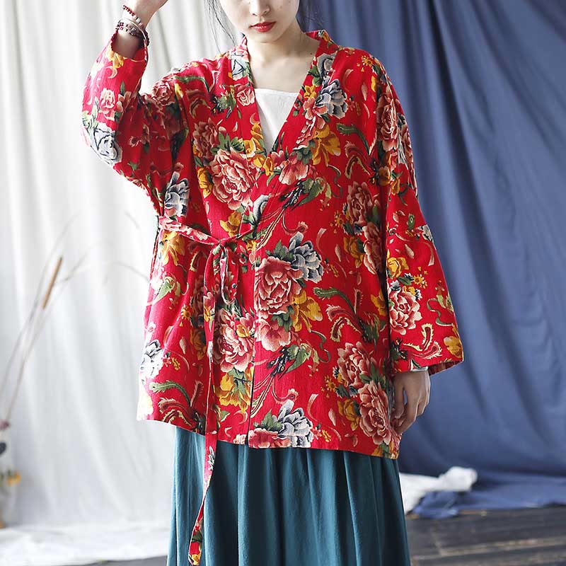 Veste à lacets en coton et lin à imprimé pivoine et fleurs rouges du nord-est de style ethnique Buddha Stones