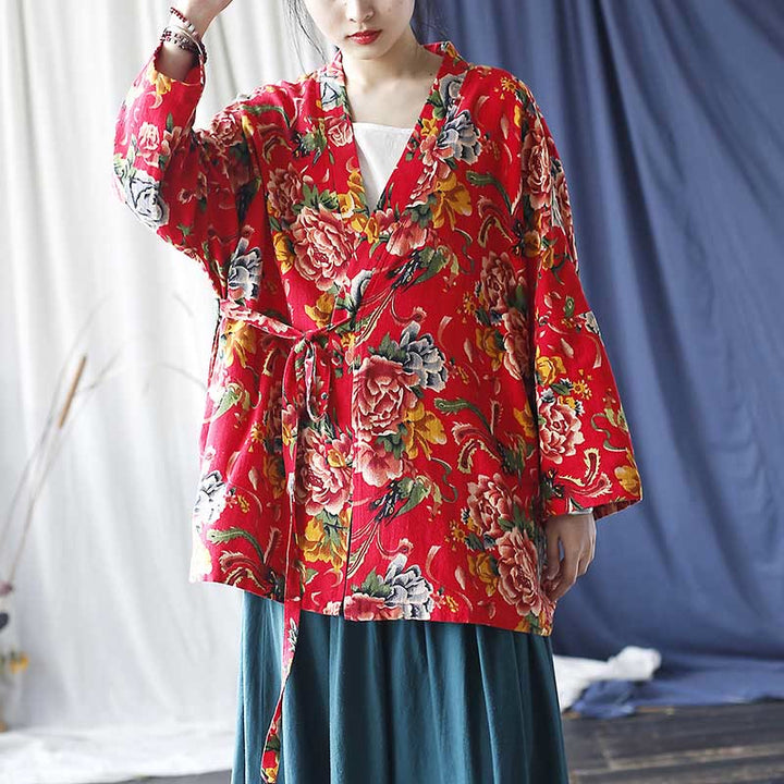 Veste à lacets en coton et lin à imprimé pivoine et fleurs rouges du nord-est de style ethnique Buddha Stones