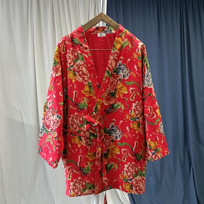 Veste à lacets en coton et lin à imprimé pivoine et fleurs rouges du nord-est de style ethnique Buddha Stones
