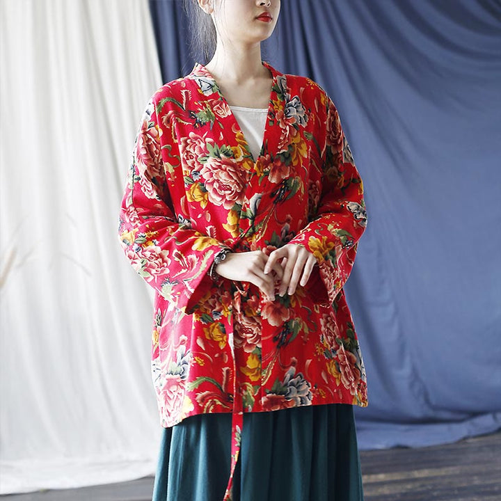 Veste à lacets en coton et lin à imprimé pivoine et fleurs rouges du nord-est de style ethnique Buddha Stones