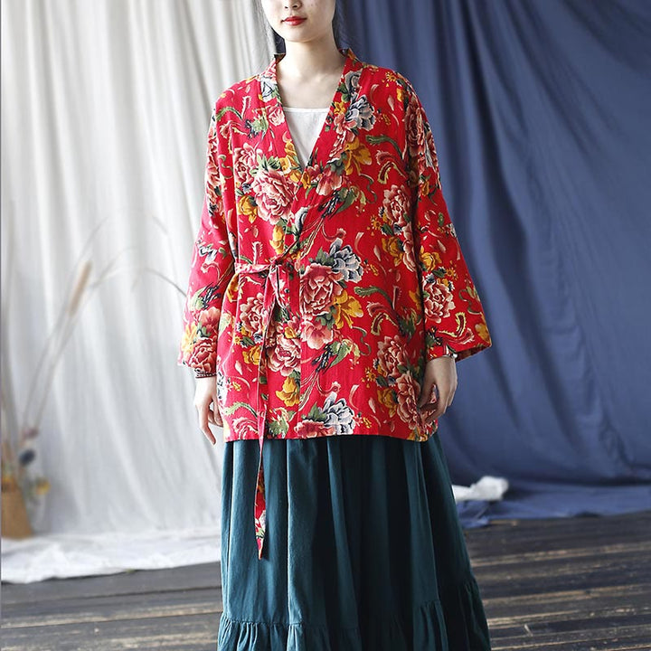 Veste à lacets en coton et lin à imprimé pivoine et fleurs rouges du nord-est de style ethnique Buddha Stones