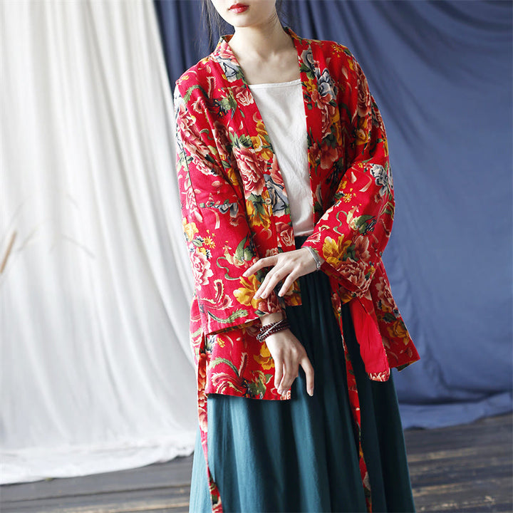 Veste à lacets en coton et lin à imprimé pivoine et fleurs rouges du nord-est de style ethnique Buddha Stones