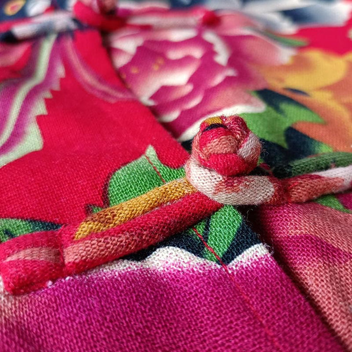 Veste chemise à manches longues en coton et lin avec boutons de grenouille et fleurs rouges et pivoines ethniques Buddha Stones avec poches