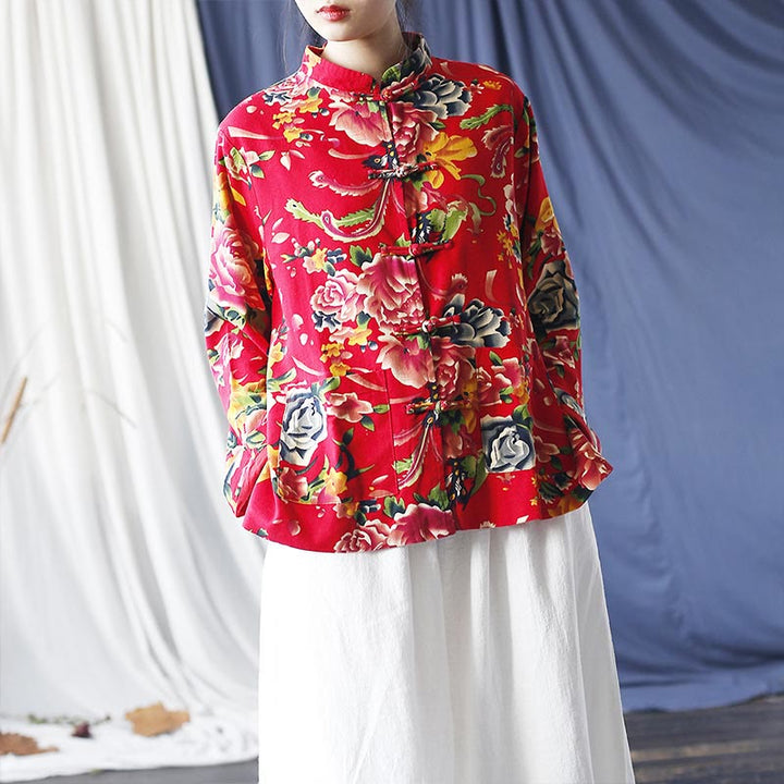 Veste chemise à manches longues en coton et lin avec boutons de grenouille et fleurs rouges et pivoines ethniques Buddha Stones avec poches