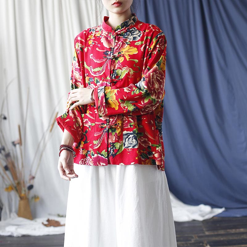 Veste chemise à manches longues en coton et lin avec boutons de grenouille et fleurs rouges et pivoines ethniques Buddha Stones avec poches