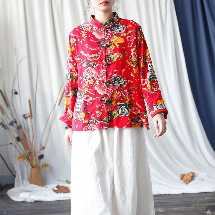 Veste chemise à manches longues en coton et lin avec boutons de grenouille et fleurs rouges et pivoines ethniques Buddha Stones avec poches