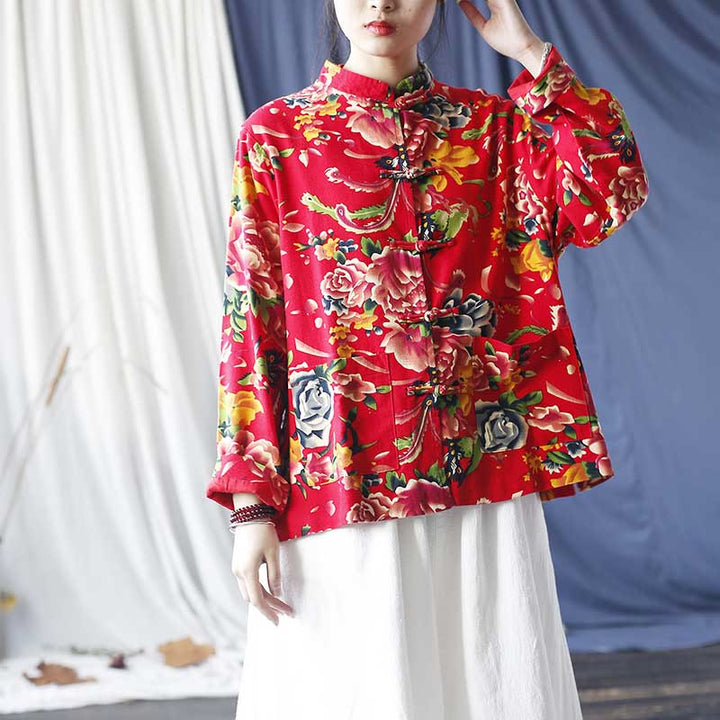 Veste chemise à manches longues en coton et lin avec boutons de grenouille et fleurs rouges et pivoines ethniques Buddha Stones avec poches