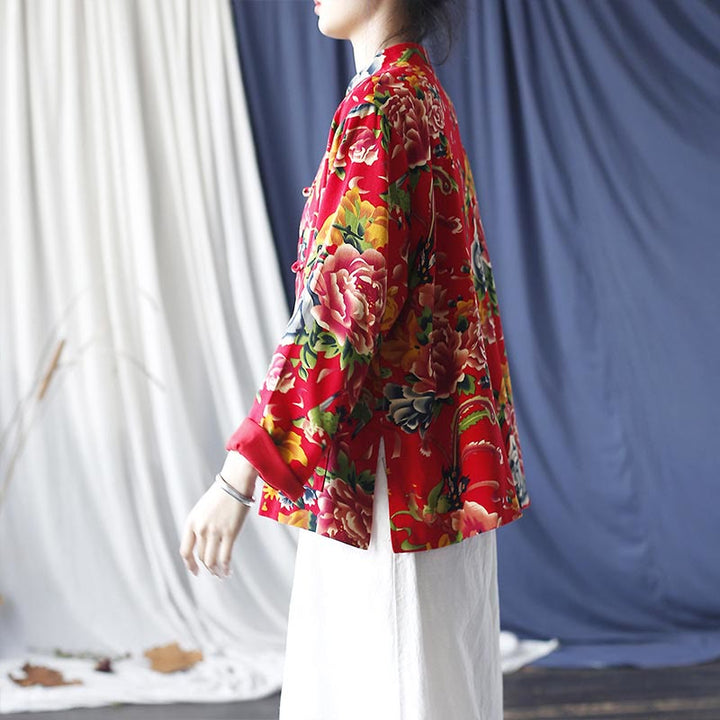 Veste chemise à manches longues en coton et lin avec boutons de grenouille et fleurs rouges et pivoines ethniques Buddha Stones avec poches