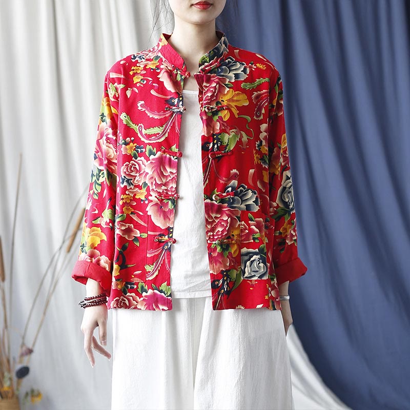 Veste chemise à manches longues en coton et lin avec boutons de grenouille et fleurs rouges et pivoines ethniques Buddha Stones avec poches - US 4-8/10, UK/AU 8-12/14, EU 36-40/42 (F) - (Veste uniquement) - image 0