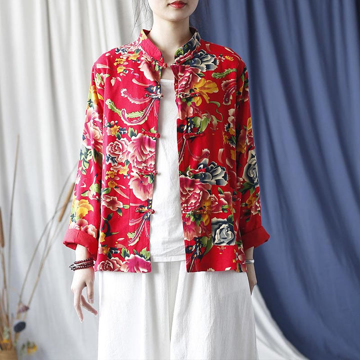 Veste chemise à manches longues en coton et lin avec boutons de grenouille et fleurs rouges et pivoines ethniques Buddha Stones avec poches