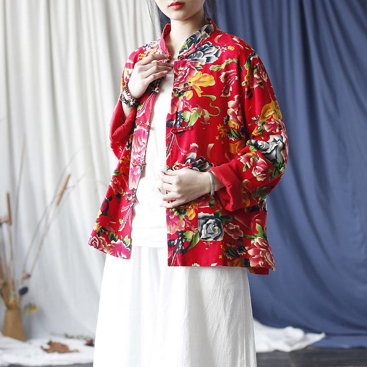 Veste chemise à manches longues en coton et lin avec boutons de grenouille et fleurs rouges et pivoines ethniques Buddha Stones avec poches