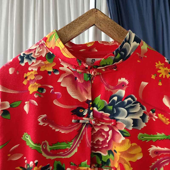 Veste chemise à manches longues en coton et lin avec boutons de grenouille et fleurs rouges et pivoines ethniques Buddha Stones avec poches