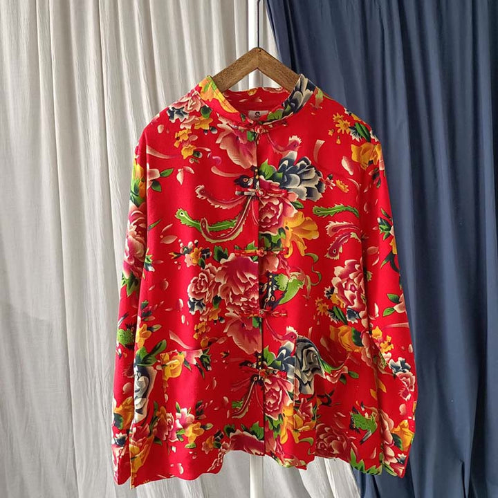 Veste chemise à manches longues en coton et lin avec boutons de grenouille et fleurs rouges et pivoines ethniques Buddha Stones avec poches