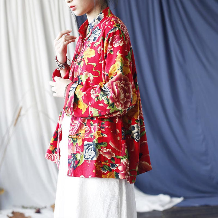 Veste chemise à manches longues en coton et lin avec boutons de grenouille et fleurs rouges et pivoines ethniques Buddha Stones avec poches