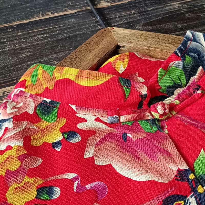 Veste chemise à manches longues en coton et lin avec boutons de grenouille et fleurs rouges et pivoines ethniques Buddha Stones avec poches - image 8