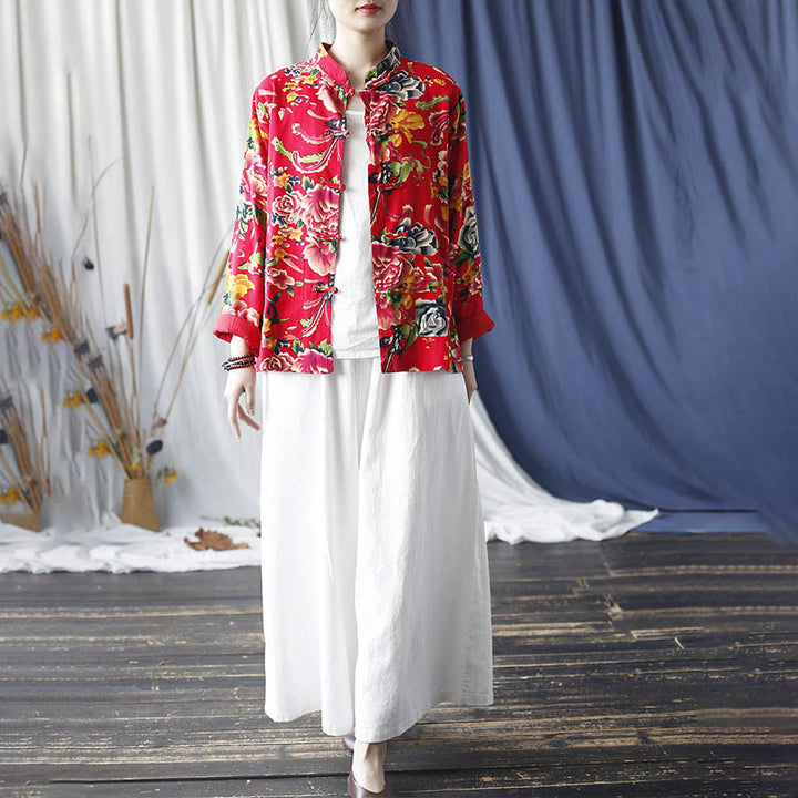Veste chemise à manches longues en coton et lin avec boutons de grenouille et fleurs rouges et pivoines ethniques Buddha Stones avec poches