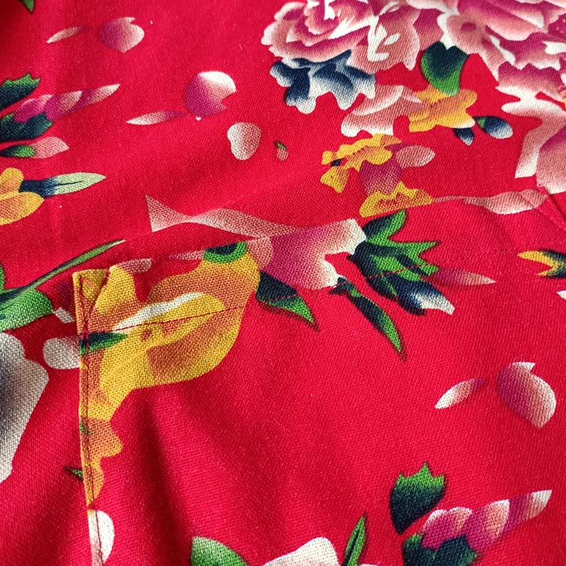 Veste chemise à manches longues en coton et lin avec boutons de grenouille et fleurs rouges et pivoines ethniques Buddha Stones avec poches