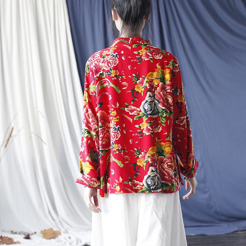 Veste chemise à manches longues en coton et lin avec boutons de grenouille et fleurs rouges et pivoines ethniques Buddha Stones avec poches