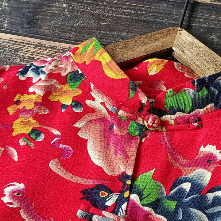 Veste chemise à manches longues en coton et lin avec boutons de grenouille et fleurs rouges et pivoines ethniques Buddha Stones avec poches