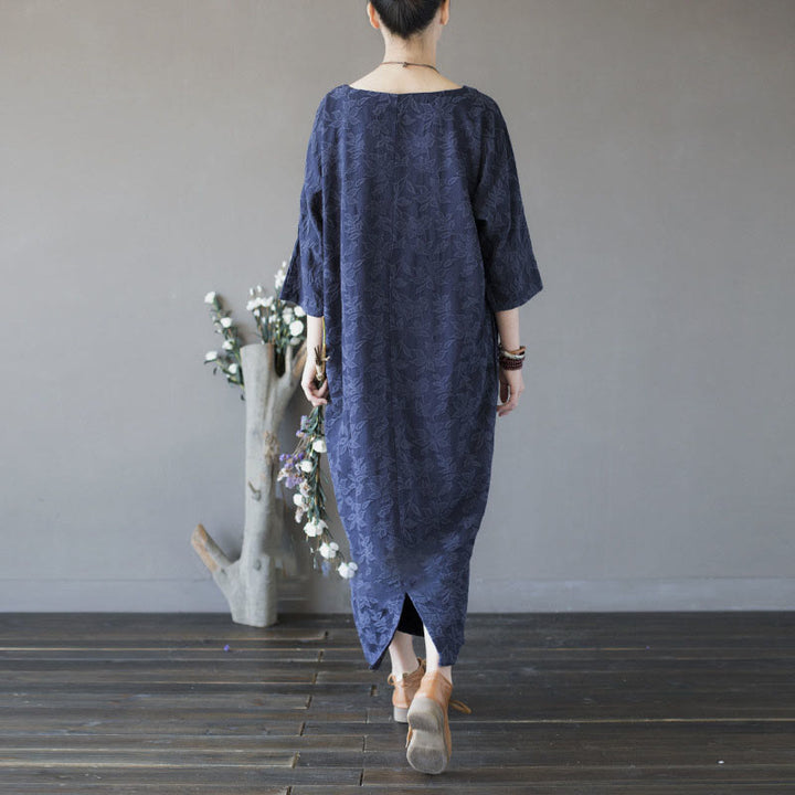 Robe mi-longue en jacquard brodé de fleurs bleues et de pierres de Buddha Stones , robe en coton à manches trois-quarts avec poches