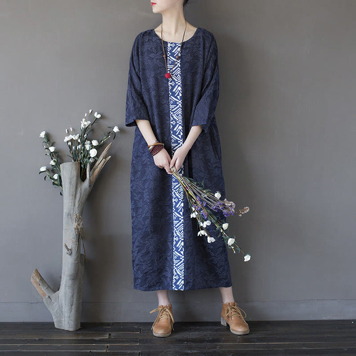 Robe mi-longue en jacquard brodé de fleurs bleues et de pierres de Buddha Stones , robe en coton à manches trois-quarts avec poches